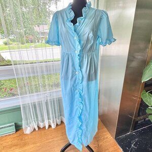 Vintage 1980s robe, baby blue, ruffled edges & trim, short puff sleeves